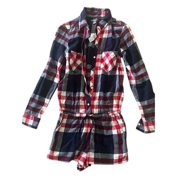 NWT Aerie plaid flannel long sleeve romper with shorts size XS red, wihte & blue - Picture 1 of 9